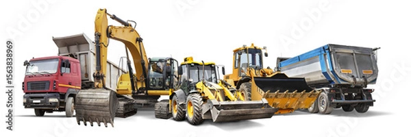 Fototapeta Collection of construction machinery isolated for rental, showcasing a diverse range of equipment suitable for various building tasks and terrains.