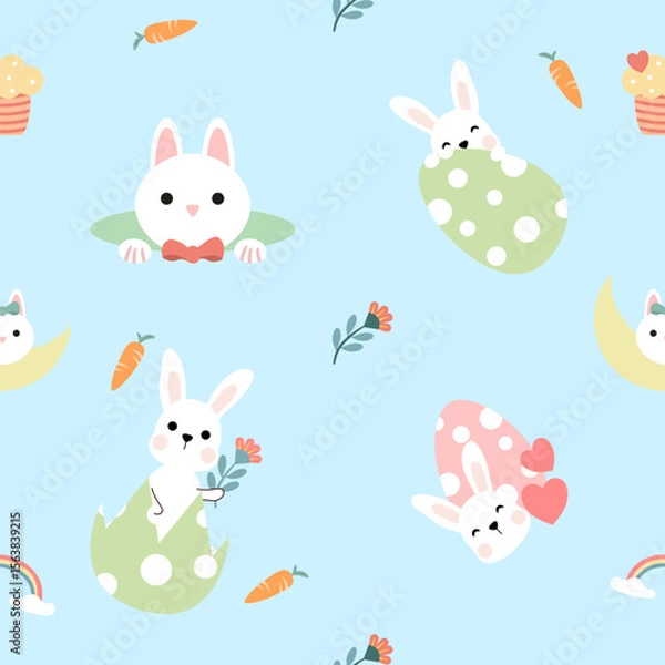 Fototapeta Seamless pattern of Easter bunnies, eggs, and flowers. Vector graphics.