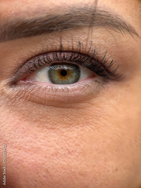 Obraz Close-up of a human eye with green-brown iris and long eyelashes. Natural makeup, clear skin, and eyebrow detail visible