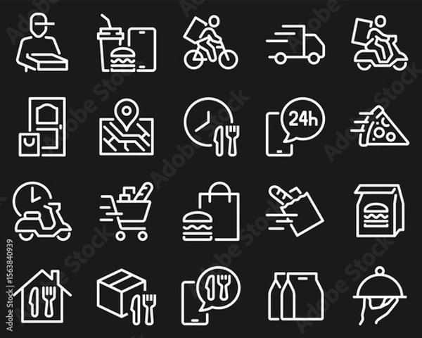 Fototapeta Simple Set of Food Delivery Related Vector Line Icons. Contains such Icons as Courier on the bike, Food Box, Contactless Delivery and more