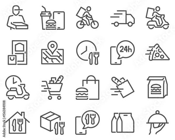 Fototapeta Simple Set of Food Delivery Related Vector Line Icons. Contains such Icons as Courier on the bike, Food Box, Contactless Delivery and more