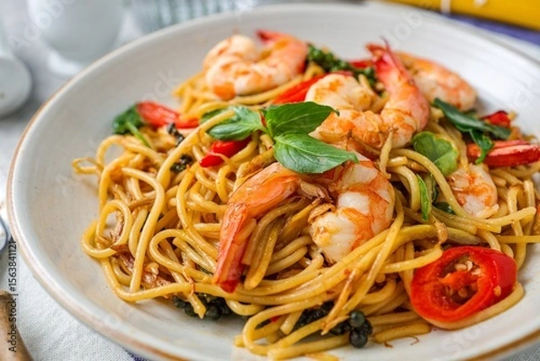 Obraz Stir Fried Spicy Spaghetti with shrimps in a white plate 