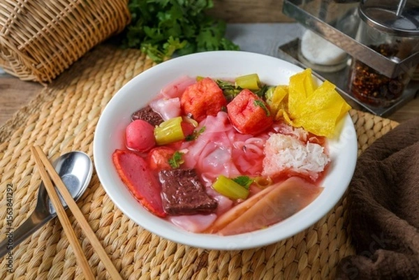 Obraz Pink Noodle Soup with meat balls and vegettable , thai called yen ta fo	