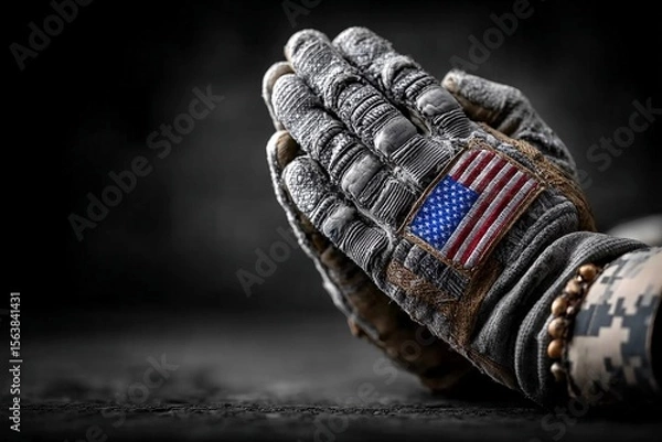 Fototapeta Hands clasped together in a moment of reflection featuring military gloves with an American flag