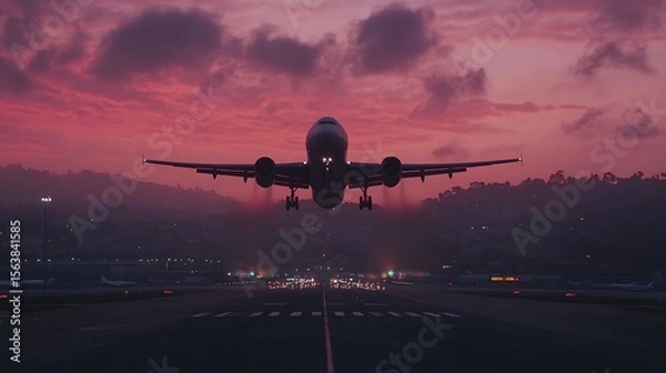 Obraz Airplane Landing on Runway at Dusk