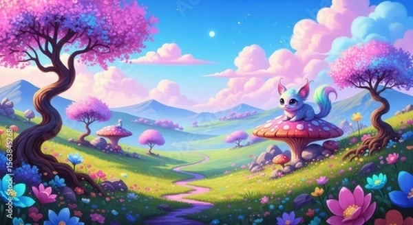 Fototapeta Enchanting Fantasy Landscape with Cute Creature Amidst Whimsical Flora