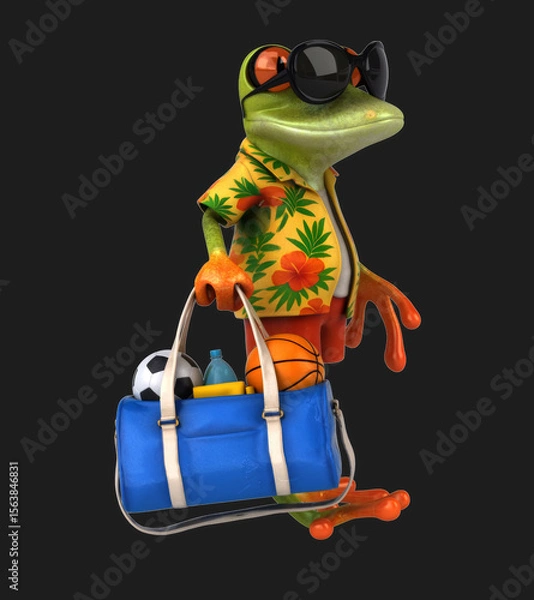 Obraz Fun 3D cartoon frog with a sports bag