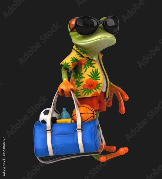 Obraz Fun 3D cartoon frog with a sports bag
