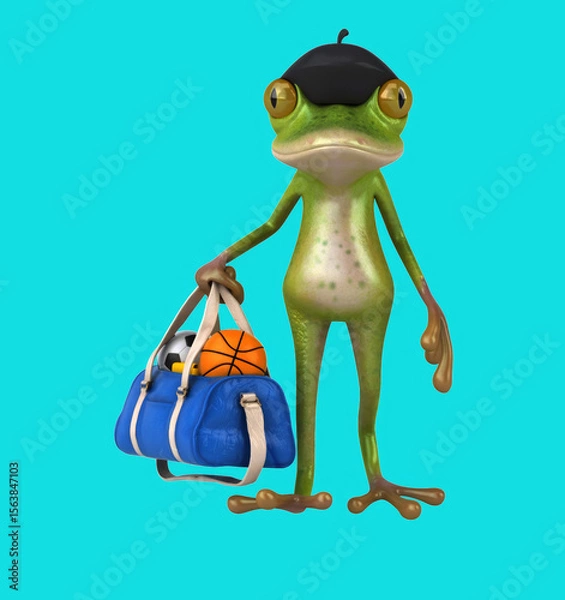 Obraz Fun 3D cartoon frog with a sports bag