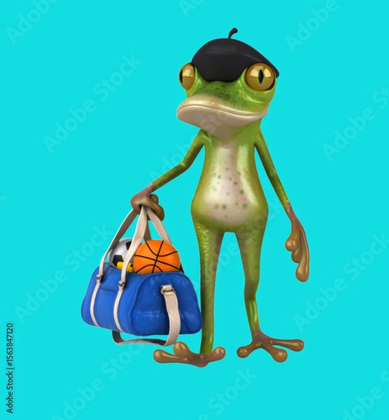 Obraz Fun 3D cartoon frog with a sports bag