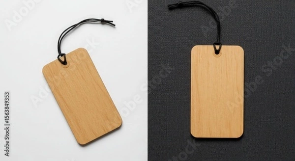 Fototapeta Paired Wooden Tags with Black Strings on Light and Dark Backgrounds