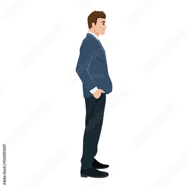 Fototapeta Businessman stands confidently with his hands in his pockets, Side in a professional suit. Flat vector illustration isolated on white background