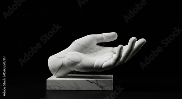 Fototapeta Open Marble Hand Sculpture on Black Base, Palm-Up Gesture with Subtle Curl