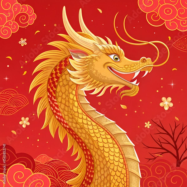 Obraz A golden Chinese dragon with red accents on a red decorative background