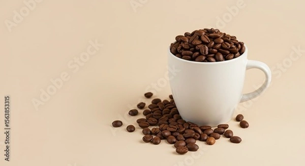 Fototapeta Overflowing Coffee Mug with Beans on Beige Surface, Rustic Morning Mood