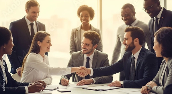 Fototapeta Diverse business team closing a deal with a handshake, fostering collaboration and trust in a