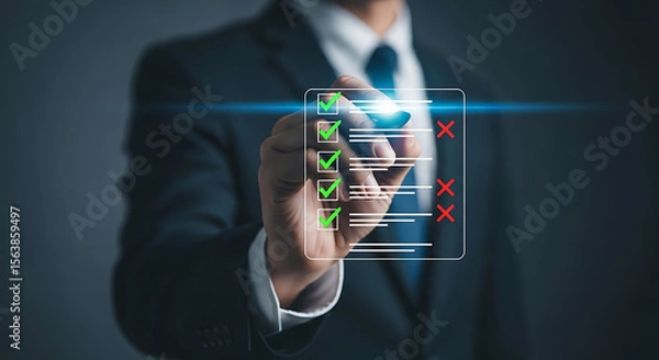 Fototapeta Businessman checking off items on a digital checklist task