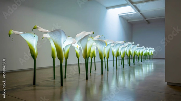 Fototapeta A modern art installation featuring a row of illuminated white translucent calla lily sculptures in a minimalist gallery space.
