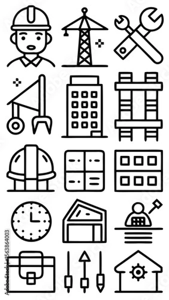 Fototapeta A vector illustration set of black construction icons and industry symbols