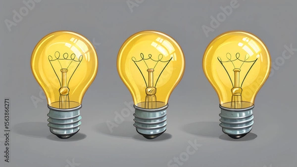 Obraz Three yellow light bulbs are standing side by side on a gray background