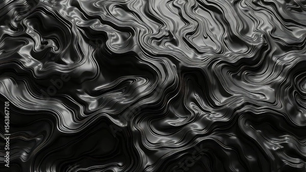 Fototapeta Dark and Elegant Black Chrome Metallic Abstract Wavy Background with Soft Contours and Subtle Light Reflection