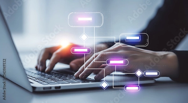 Fototapeta Hands typing on laptop with glowing flowchart computer technology