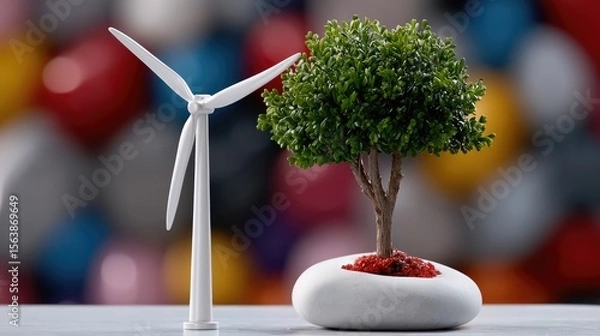 Obraz Miniature Wind Turbine and Green Tree Model on Colorful Background