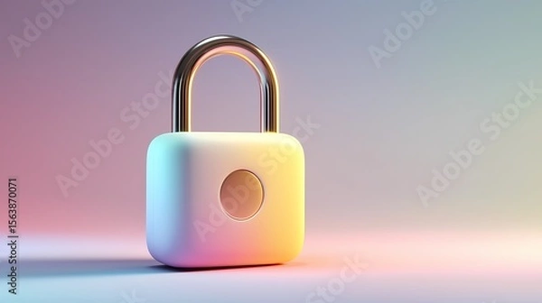 Fototapeta Cybersecurity . Minimalist 3D Floating Padlock on Pastel Background, Soft Matte Plastic Style, Modern Data Protection and Cybersecurity Concept, Wide Composition with Copy Space. Protection web, AI