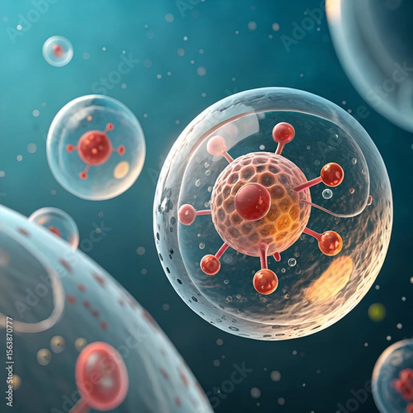 Obraz Microscopic view of cells with virus-like particles inside a fluid environment