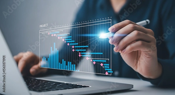 Fototapeta Person interacting with holographic project timeline project management Gantt chart