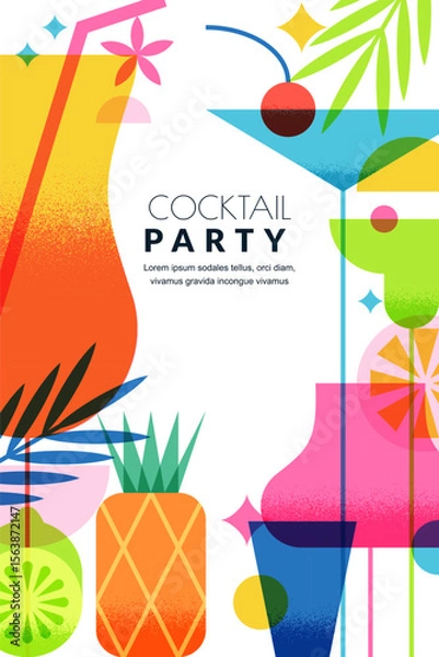 Fototapeta Vector summer cocktail party poster with drinks, lemon, palm leaves. Design for beach bar menu, banner, invitation.