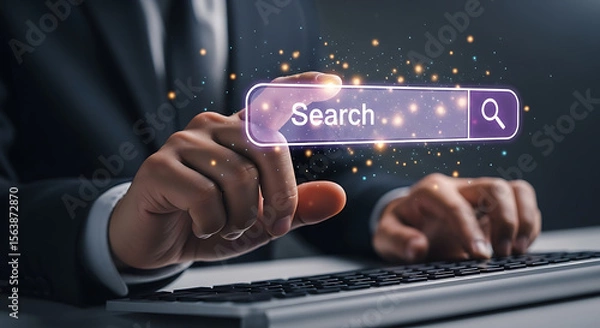 Fototapeta Person typing on keyboard interacting with digital search bar business technology