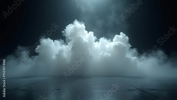 Fototapeta Dramatic clouds over dark reflective floor mist atmospheric