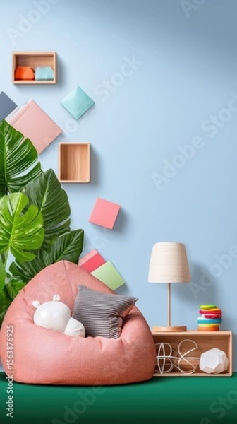 Obraz Pastel Pink Beanbag Chair Study Space with Bookshelves and Lamp