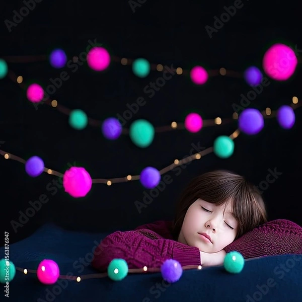 Obraz Peaceful Child Sleeping Under Colorful Lights in a Cozy Sensory Room