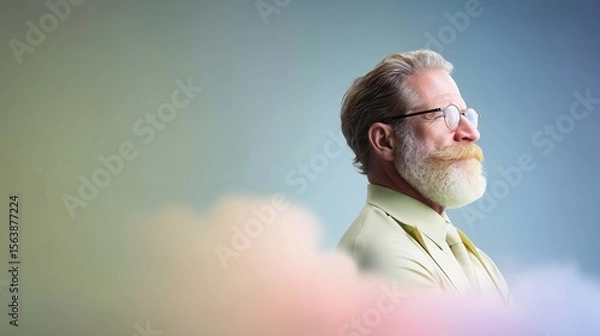 Obraz Penisve Senior Man with Beard and Glasses in Profile, Soft Blue and Pastel Cloud Background