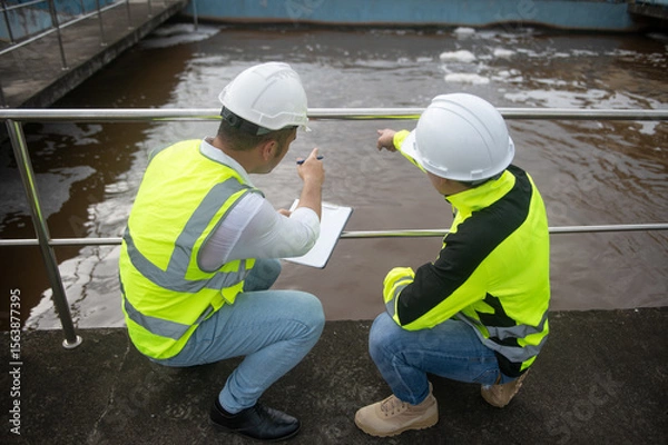 Fototapeta Two engineers are inspecting the operation of the treatment pond and checking the equipment