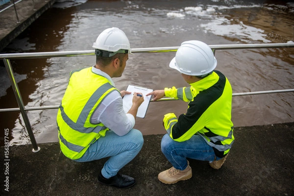 Fototapeta Two engineers are inspecting the operation of the treatment pond and checking the equipment