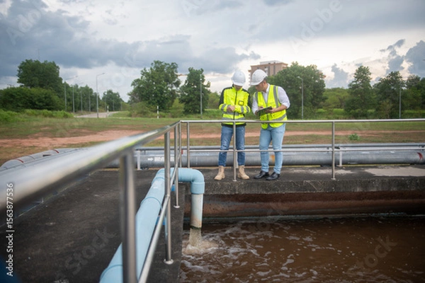 Fototapeta Two engineers are inspecting the operation of the treatment pond and checking the equipment