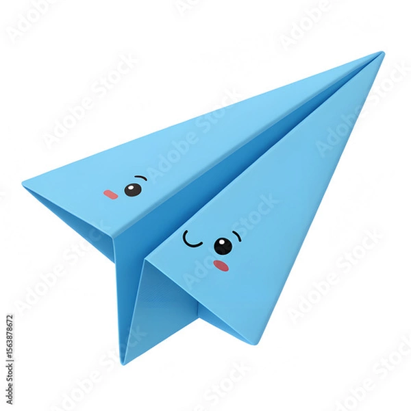 Obraz A blue paper airplane with cute cartoon faces and pink cheeks on its wings
