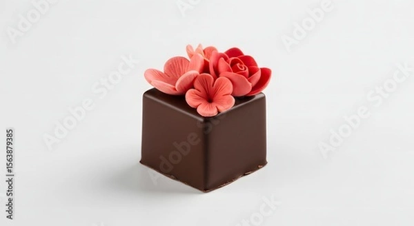Fototapeta Premium handmade chocolate truffle in square shape with delicate sugar flower decoration in red tones