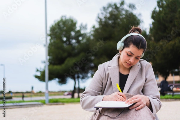 Fototapeta Young influencer taking notes on a notebook while listening to music with headphones in a park