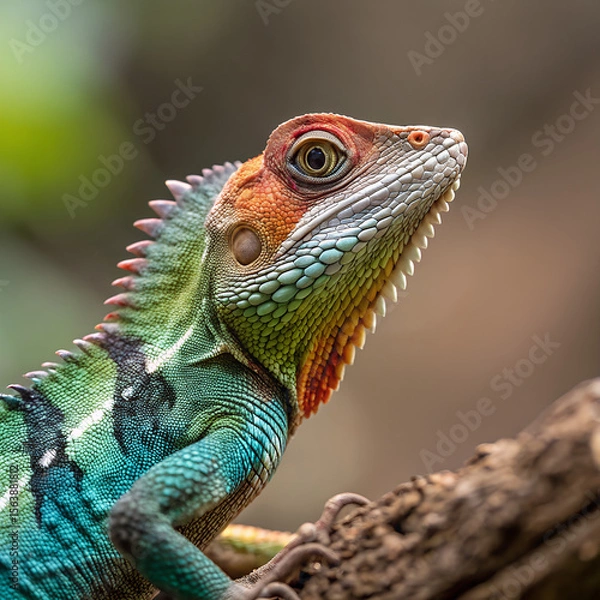 Obraz A colorful lizard with textured scales and spines perched on a branch