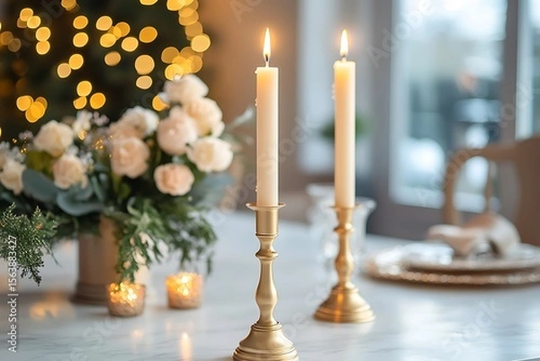 Fototapeta Elegant tall taper candles in golden candle holders placed on a marble dining table with soft lighting 