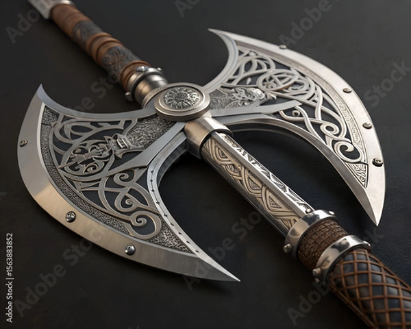 Obraz A decorative double-bladed axe with intricate engravings and a patterned handle