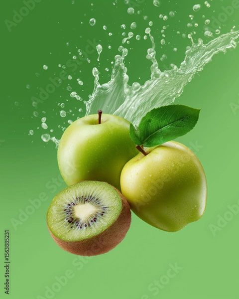 Obraz Fresh kiwi and two green apples with splashing water on gradient green background, vibrant food photography.