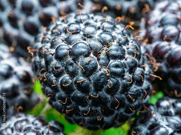 Fototapeta Close-up of ripe Black raspberries (Rubus occidentalis L.) showing seeds. Detailed surface macro shot of texture of fresh fruit. Organic farming, healthy food, BIO viands, back to nature concept.