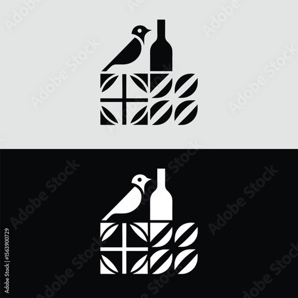 Fototapeta A stylized bird and bottle icon are juxtaposed against a geometric tile pattern in this modern logo design against a contrasting background