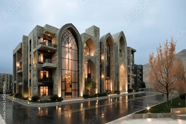 Fototapeta Modern building with ogival arches illuminating wet street at dusk