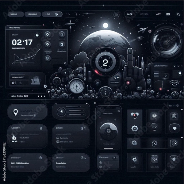 Fototapeta Dark Mode Data Analytics Dashboard – UI Infographic